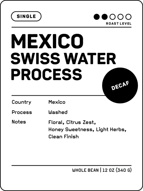 Crew 75 Coffee Decaf Mexico Swiss Water Process whole bean coffee label